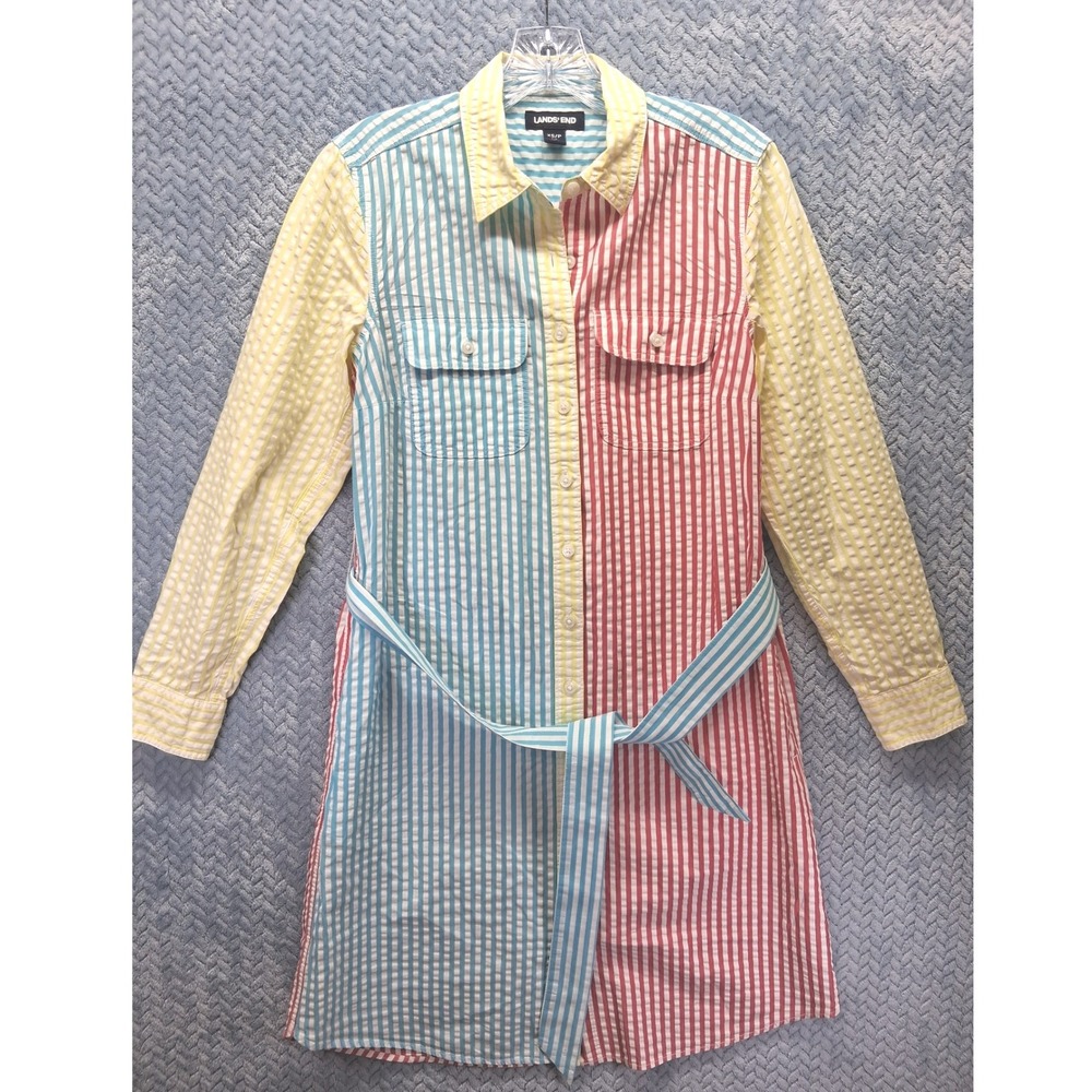 Lands End Womens Seersucker Colorblock Stripe Belted Shirt Dress XS 2-4 Coastal